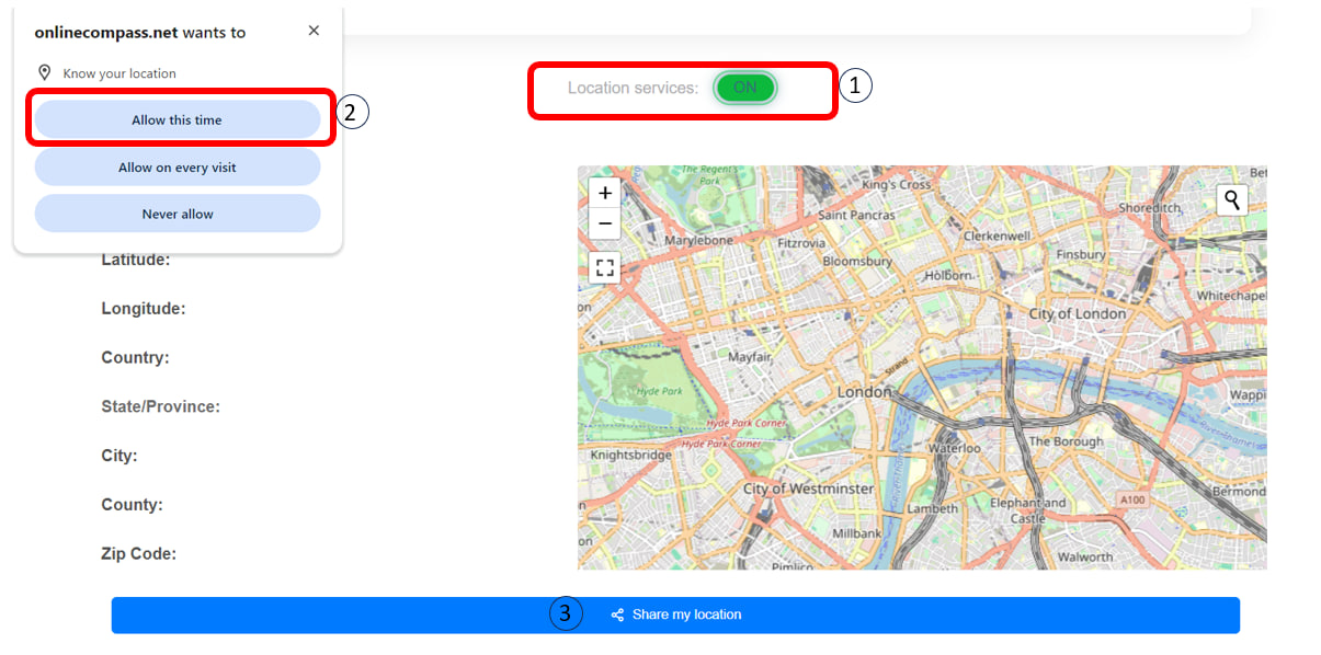 ابزار "کجا هستم؟" در وب‌سایت onlinecompass.net